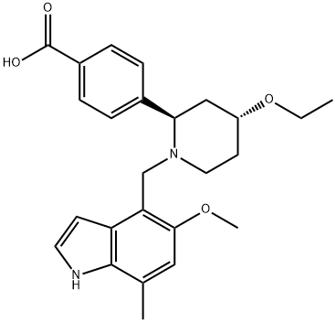 Benzoic acid, 4-[(2R,4R)-4-ethoxy-1-[(5-methoxy-7-methyl-1H-indol-4-yl)methyl]-2-piperidinyl]- Struktur