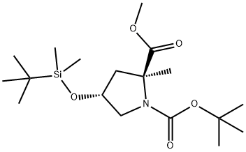 1,2-Pyrrolidinedicarboxylic acid, 4-[[(1,1-dimethylethyl)dimethylsilyl]oxy]-2-methyl-, 1-(1,1-dimethylethyl) 2-methyl ester, (2S,4R)- 化学構造式