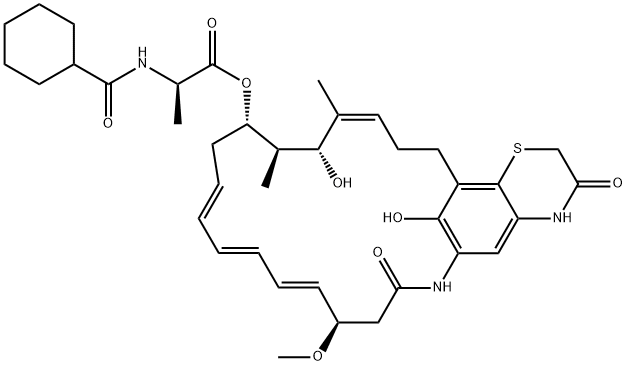 D-Alanine, N-(cyclohexylcarbonyl)-, (10R,11E,13E,15E,18S,19R,20R,21Z)-3,4,7,8,9,10,17,18,19,20,23,24-dodecahydro-20,26-dihydroxy-10-methoxy-19,21-dimethyl-3,8-dioxo-2H-6,25-metheno-1,4-thiazino[3,2-d]azacyclotricosin-18-yl ester Struktur