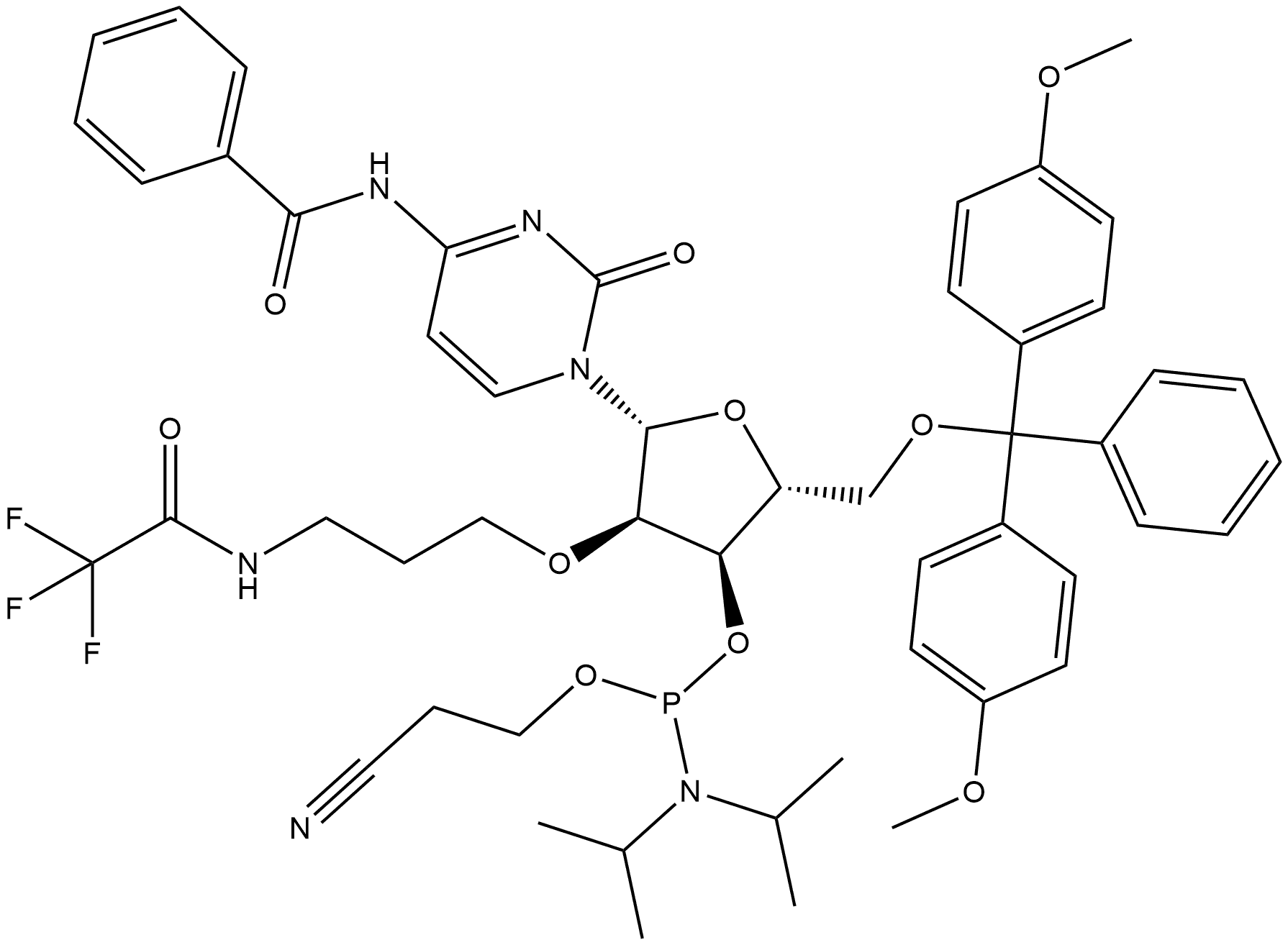 Cytidine, N-benzoyl-5'-O-[bis(4-methoxyphenyl)phenylmethyl]-2'-O-[3-[(trifluoroacetyl)amino]propyl]-, 3'-[2-cyanoethyl bis(1-methylethyl)phosphoramidite] (9CI) 化学構造式