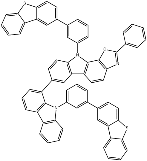 10H-Oxazolo[5,4-a]carbazole, 10-[3-(2-dibenzothienyl)phenyl]-7-[9-[3-(2-dibenzothienyl)phenyl]-9H-carbazol-1-yl]-2-phenyl- Structure