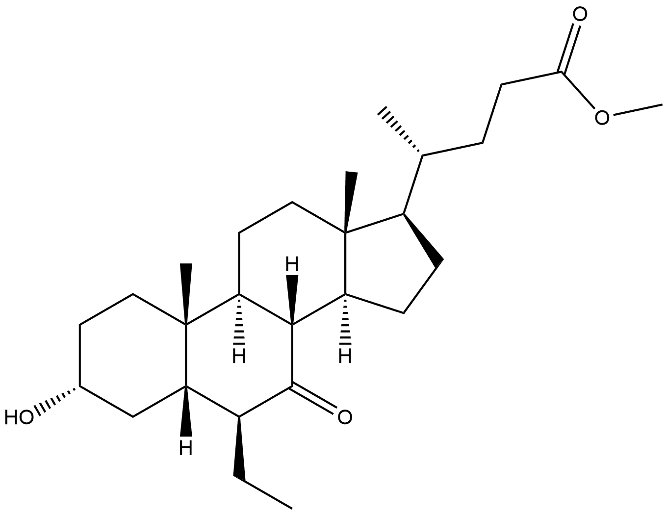 Cholan-24-oic acid, 6-ethyl-3-hydroxy-7-oxo-, methyl ester, (3α,5β,6β)- 化学構造式
