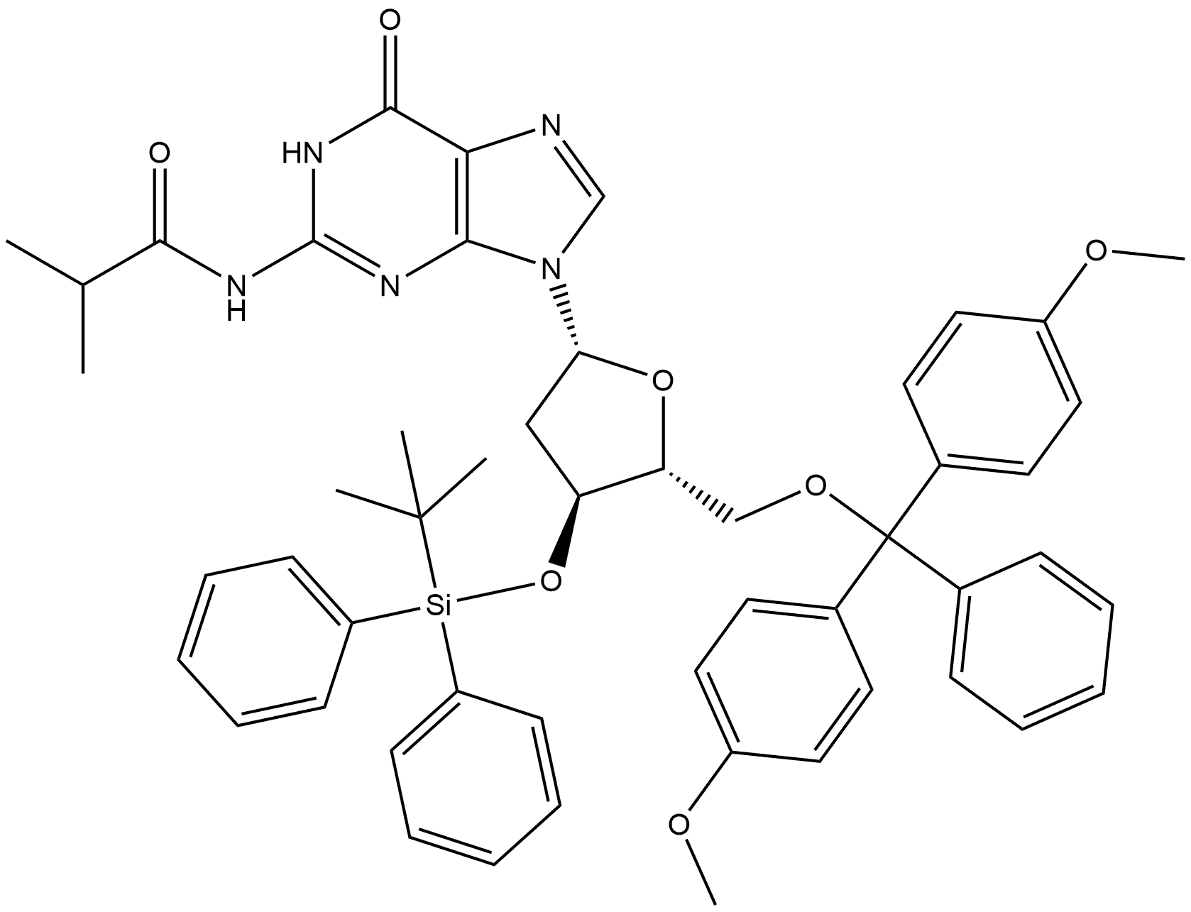 Guanosine, 5'-O-[bis(4-methoxyphenyl)phenylmethyl]-2'-deoxy-3'-O-[(1,1-dimethylethyl)diphenylsilyl]-N-(2-methyl-1-oxopropyl)- (9CI),166758-17-4,结构式