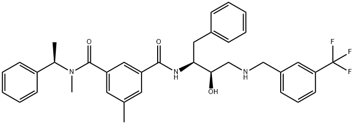 1,3-Benzenedicarboxamide, N3-[(1S,2R)-2-hydroxy-1-(phenylmethyl)-3-[[[3-(trifluoromethyl)phenyl]methyl]amino]propyl]-N1,5-dimethyl-N1-[(1R)-1-phenylethyl]- Struktur