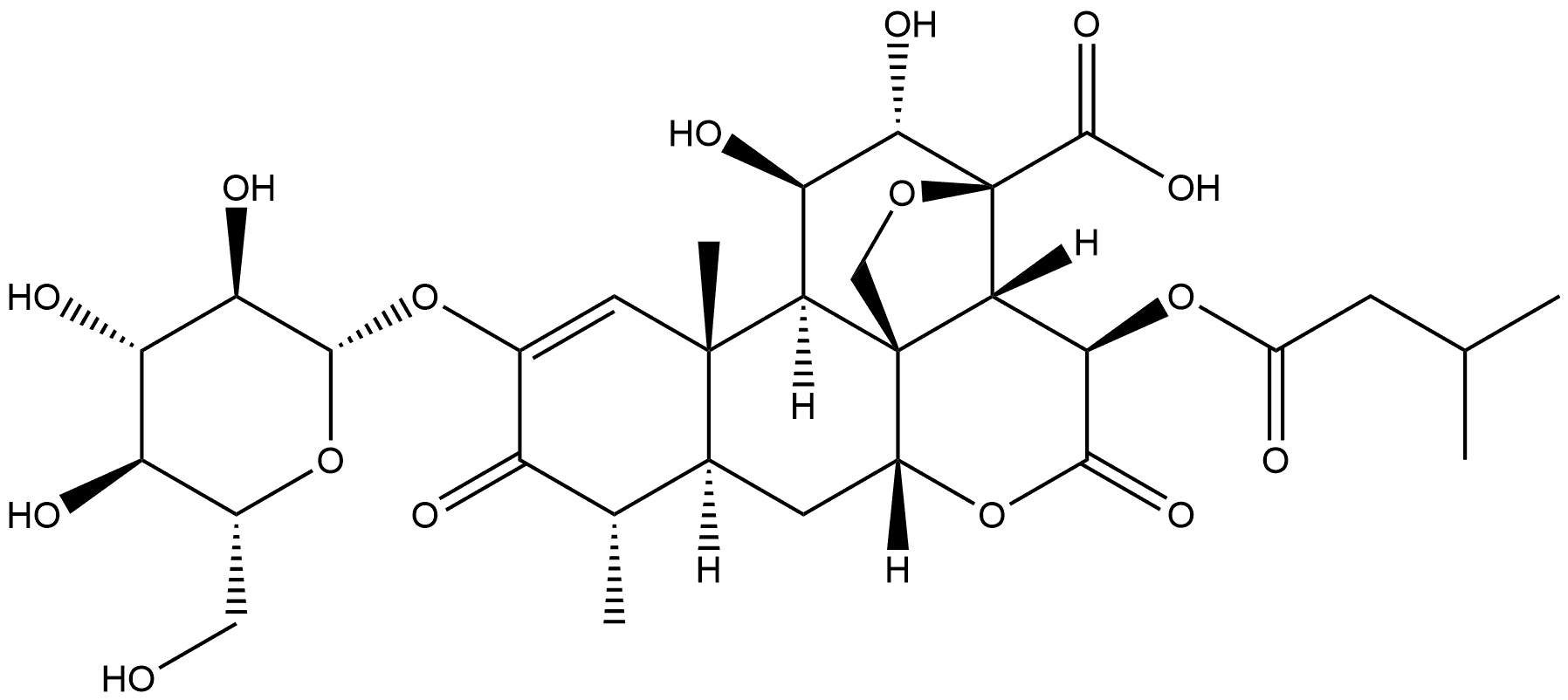 Picras-1-en-21-oic acid, 13,20-epoxy-2-(β-D-glucopyranosyloxy)-11,12-dihydroxy-15-(3-methyl-1-oxobutoxy)-3,16-dioxo-, (11β,12α,15β)- 化学構造式