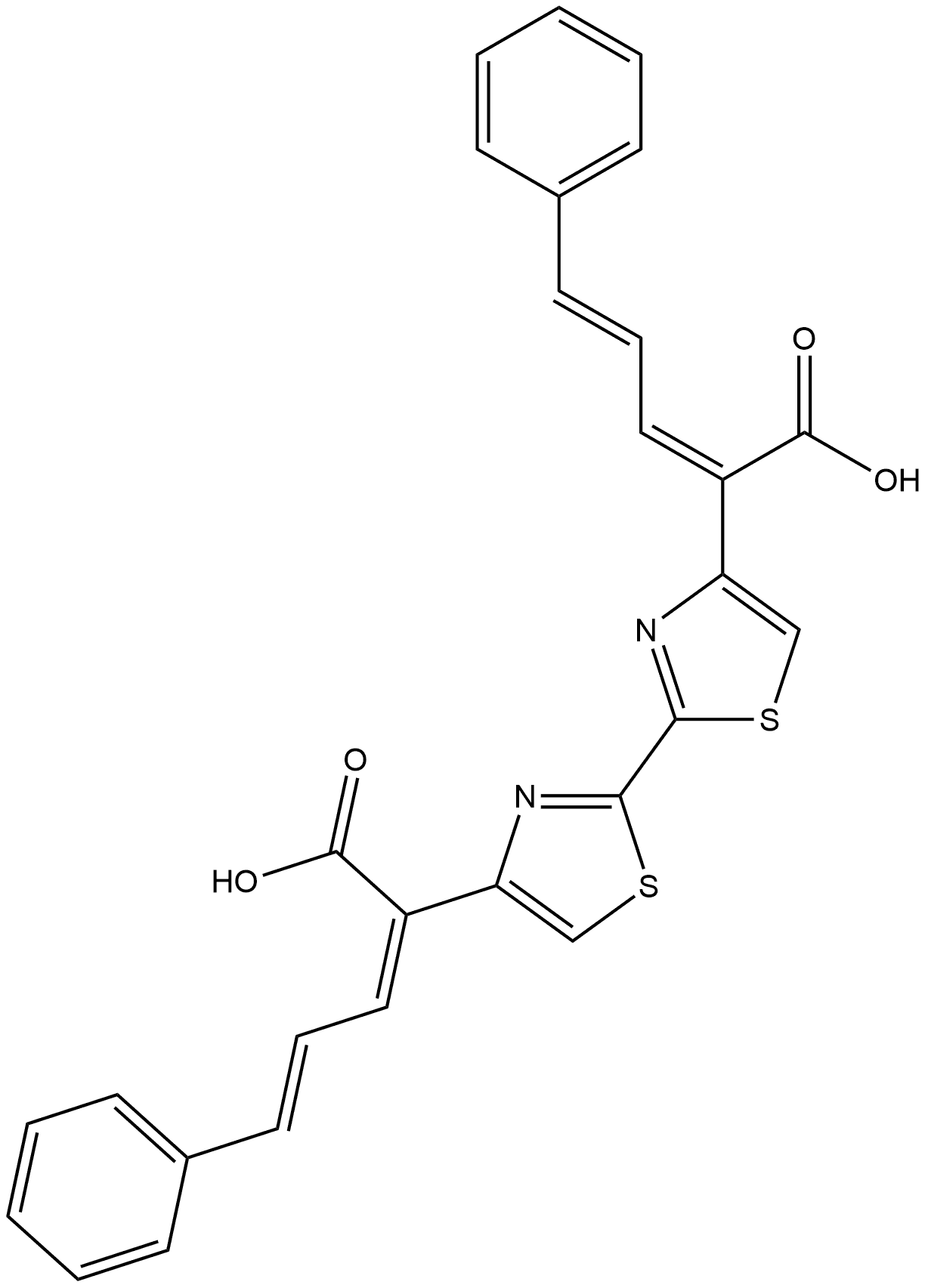 [2,2'-Bithiazole]-4,4'-diacetic acid, α4,α4'-bis[(2E)-3-phenyl-2-propen-1-ylidene]-, (α4Z,α4'Z)-,1689690-20-7,结构式
