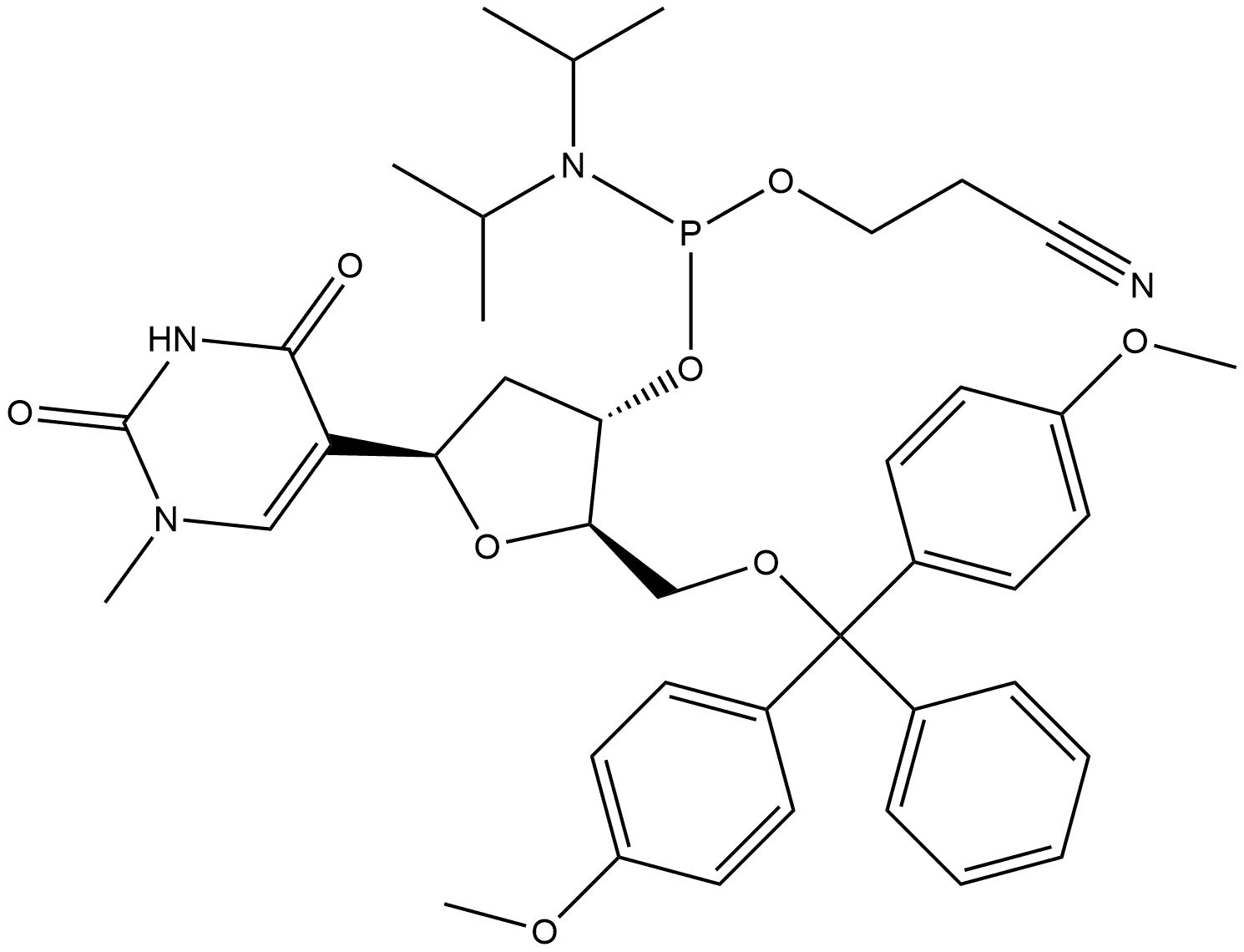 2,4(1H,3H)-Pyrimidinedione, 5-[5-O-[bis(4-methoxyphenyl)phenylmethyl]-3-O-[[bis(1-methylethyl)amino](2-cyanoethoxy)phosphino]-2-deoxy-β-D-erythro-pentofuranosyl]-1-methyl-,170933-43-4,结构式