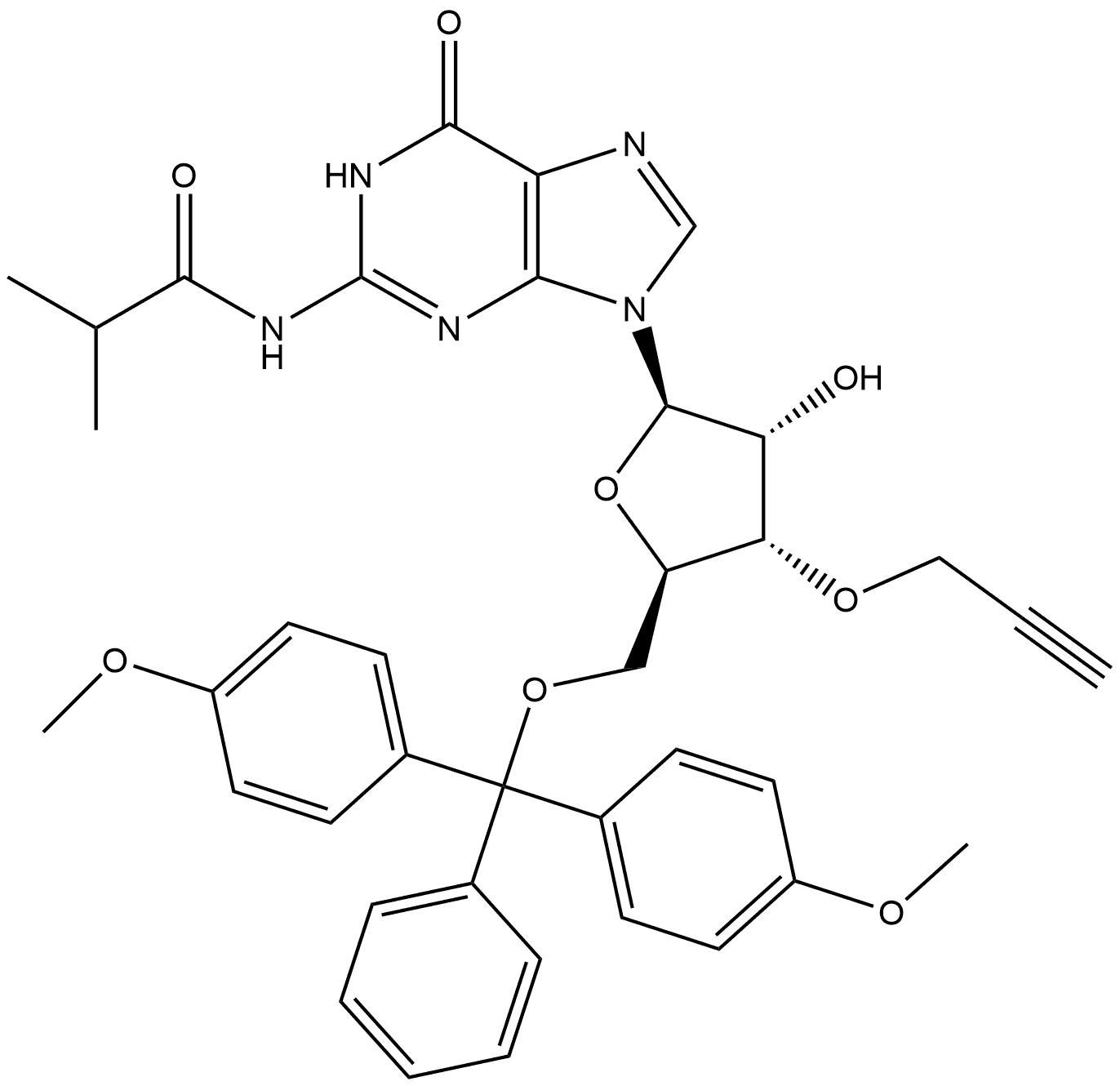 Guanosine, 5'-O-[bis(4-methoxyphenyl)phenylmethyl]-N-(2-methyl-1-oxopropyl)-3'-O-2-propyn-1-yl- Structure