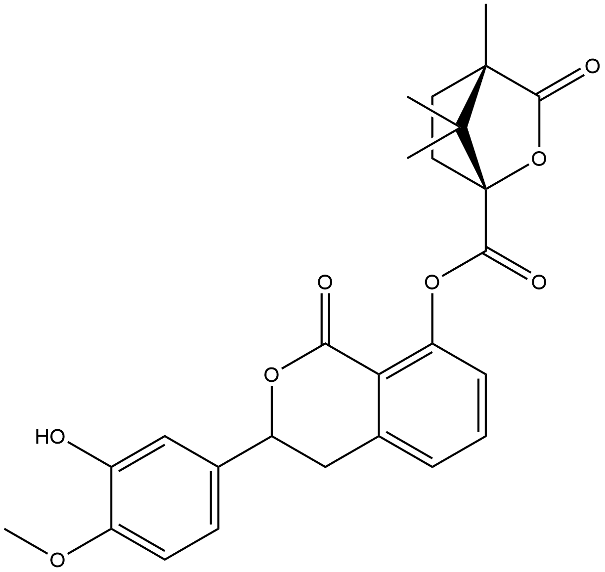 2-Oxabicyclo[2.2.1]heptane-1-carboxylic acid, 4,7,7-trimethyl-3-oxo-, 3,4-dihydro-3-(3-hydroxy-4-methoxyphenyl)-1-oxo-1H-2-benzopyran-8-yl ester, [1R-[1α(R*),4β]]- (9CI) Structure