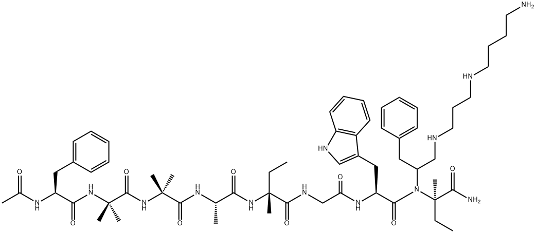 Ac-L-Phe-Aib-Aib-L-Ala-D-Iva-Gly-L-Trp-L-Iva-[(1S)-1-ベンジル-2-[3-(4-アミノブチルアミノ)プロピルアミノ]エチル]NH2 化学構造式