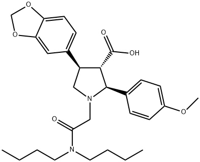 3-Pyrrolidinecarboxylic acid, 4-(1,3-benzodioxol-5-yl)-1-[2-(dibutylamino)-2-oxoethyl]-2-(4-methoxyphenyl)-, (2S,3S,4R)- 化学構造式