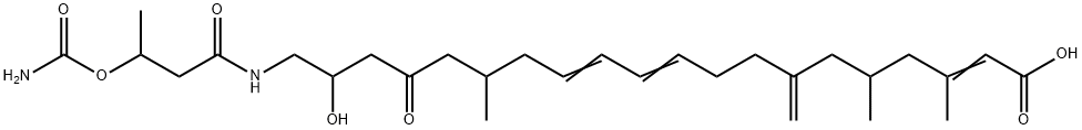 2,10,12-Eicosatrienoic acid, 20-[[3-[(aminocarbonyl)oxy]-1-oxobutyl]amino]-19-hydroxy-3,5,15-trimethyl-7-methylene-17-oxo-,174423-38-2,结构式