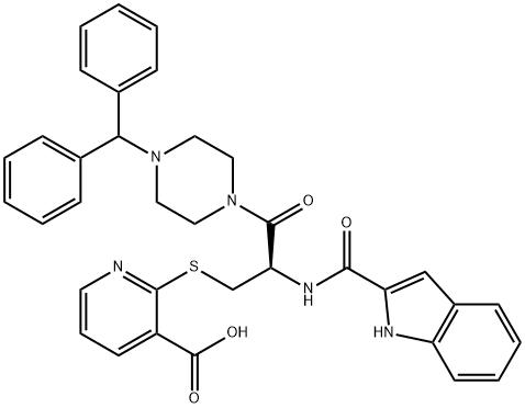 3-Pyridinecarboxylic acid, 2-[[(2R)-3-[4-(diphenylmethyl)-1-piperazinyl]-2-[(1H-indol-2-ylcarbonyl)amino]-3-oxopropyl]thio]- (9CI) 化学構造式