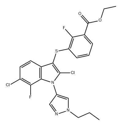 Benzoic acid, 3-[[2,6-dichloro-7-fluoro-1-(1-propyl-1H-pyrazol-4-yl)-1H-indol-3-yl]thio]-2-fluoro-, ethyl ester,1782070-79-4,结构式
