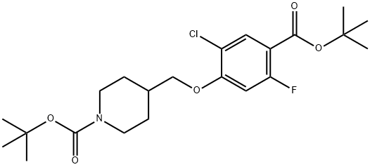 1-Piperidinecarboxylic acid, 4-[[2-chloro-4-[(1,1-dimethylethoxy)carbonyl]-5-fluorophenoxy]methyl]-, 1,1-dimethylethyl ester Struktur
