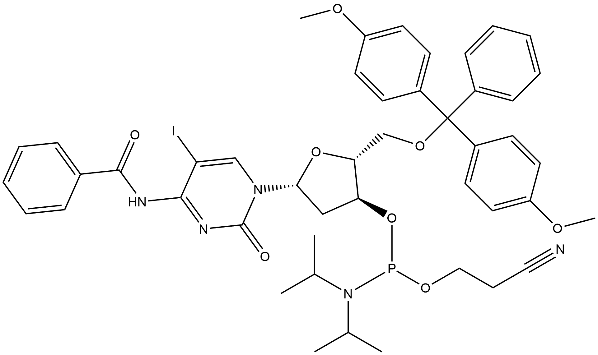 Cytidine, N-benzoyl-5'-O-[bis(4-methoxyphenyl)phenylmethyl]-2'-deoxy-5-iodo-, 3'-[2-cyanoethyl bis(1-methylethyl)phosphoramidite] (9CI),178925-44-5,结构式