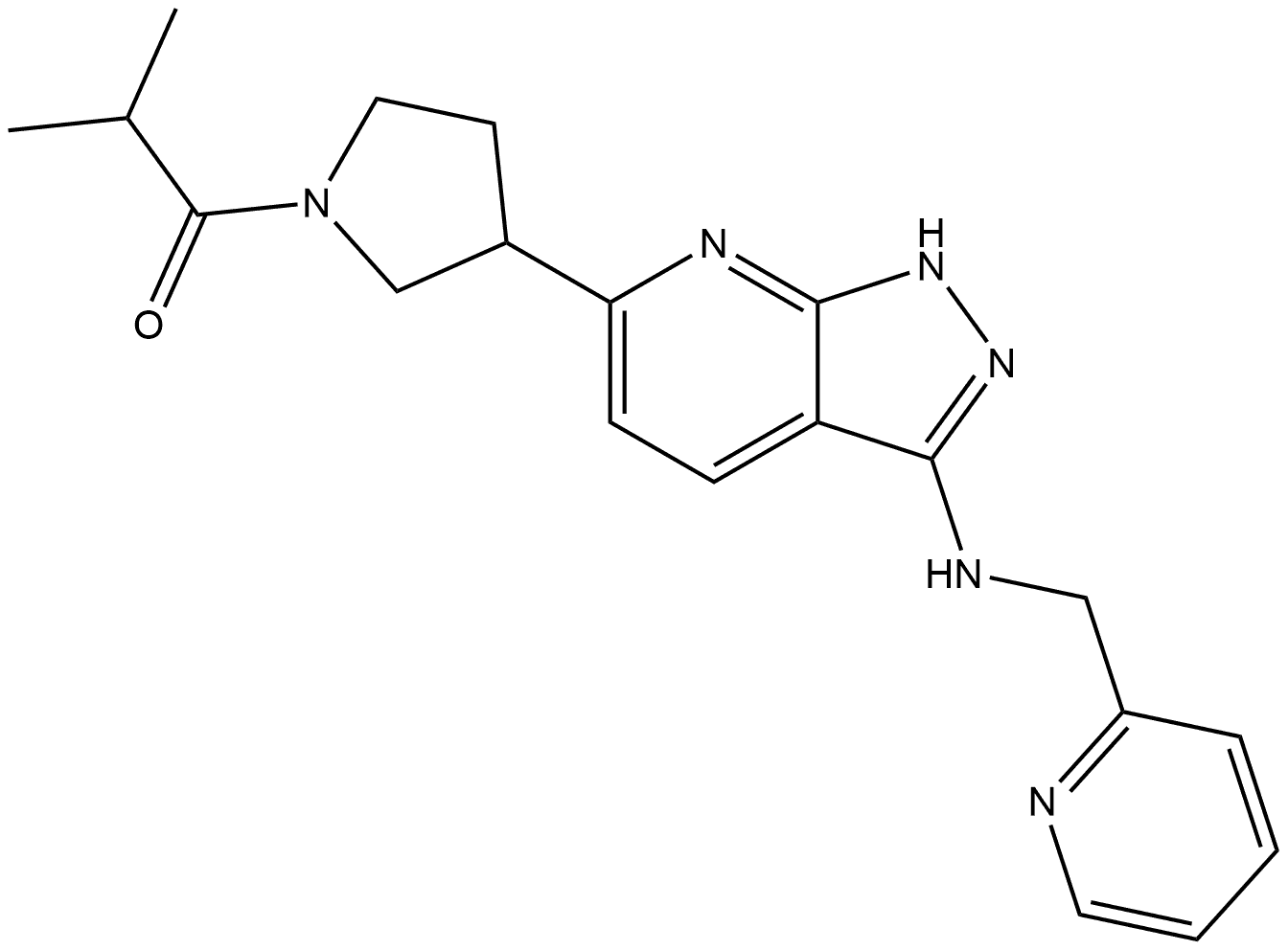 2-Methyl-1-[3-[3-[(2-pyridinylmethyl)amino]-1H-pyrazolo[3,4-b]pyridin-6-yl]-1-pyrrolidinyl]-1-propanone 结构式