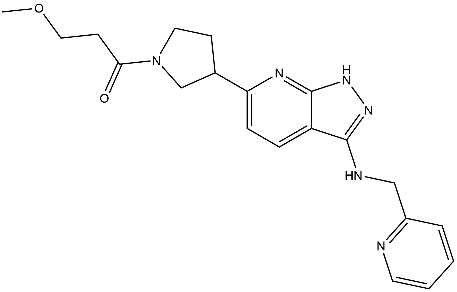 3-Methoxy-1-[3-[3-[(2-pyridinylmethyl)amino]-1H-pyrazolo[3,4-b]pyridin-6-yl]-1-pyrrolidinyl]-1-propanone Struktur