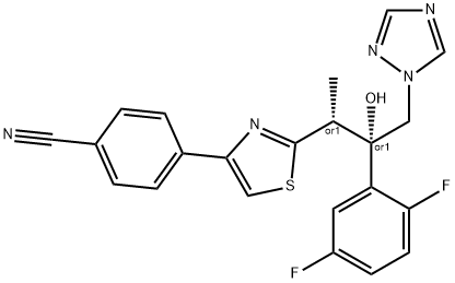 Benzonitrile, 4-[2-[(1R,2S)-2-(2,5-difluorophenyl)-2-hydroxy-1-methyl-3-(1H-1,2,4-triazol-1-yl)propyl]-4-thiazolyl]-, rel- 化学構造式
