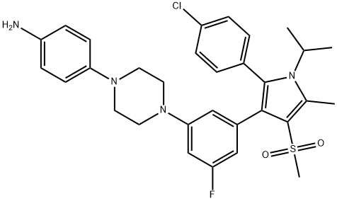 4-(4-(3-(2-(4-chlorophenyl)-1-isopropyl-5-methyl-4-(methylsulfonyl)-1H-pyrrol-3-yl)-5-fluorophenyl)piperazin-1-yl)aniline Struktur