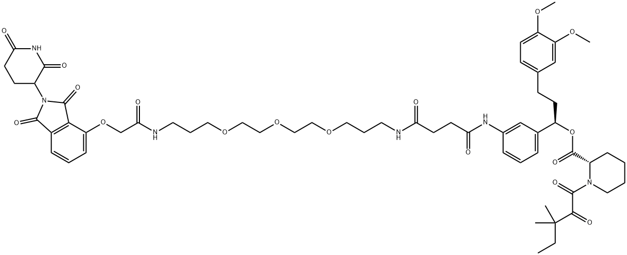 2-Piperidinecarboxylic acid, 1-(3,3-dimethyl-1,2-dioxopentyl)-, (1R)-3-(3,4-dimethoxyphenyl)-1-[3-[[21-[[2-(2,6-dioxo-3-piperidinyl)-2,3-dihydro-1,3-dioxo-1H-isoindol-4-yl]oxy]-1,4,20-trioxo-9,12,15-trioxa-5,19-diazaheneicos-1-yl]amino]phenyl]propyl ester, (2S)- Struktur