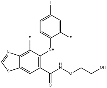 6-Benzothiazolecarboxamide, 4-fluoro-5-[(2-fluoro-4-iodophenyl)amino]-N-(2-hydroxyethoxy)- 化学構造式