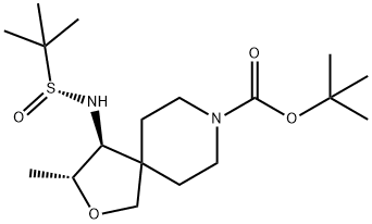 2-Oxa-8-azaspiro[4.5]decane-8-carboxylic acid, 4-[[(R)-(1,1-dimethylethyl)sulfinyl]amino]-3-methyl-, 1,1-dimethylethyl ester, (3R,4S)- Struktur