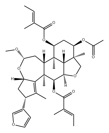 2-Butenoic acid, 2-methyl-, 1,1'-[(2R,3aS,5S,6aR,6bR,7S,9R,9aR,11aR,11bR,12S,12aR)-9-(acetyloxy)-2-(3-furanyl)-3,3a,6,6a,6b,7,8,9,9a,10,11a,11b,12,12a-tetradecahydro-5-methoxy-1,6b,9a,12a-tetramethyl-2H,5H-cyclopent[a]isobenzofuro[7,1-gh][3]benzoxepin-7,12-diyl] ester, (2E,2'E)- 结构式