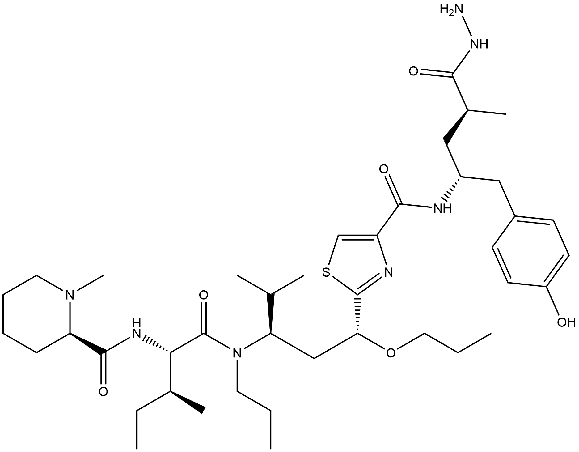 Benzenepentanoic acid, 4-hydroxy-α-methyl-γ-[[[2-[(1R,3R)-4-methyl-3-[[(2S,3S)-3-methyl-2-[[[(2R)-1-methyl-2-piperidinyl]carbonyl]amino]-1-oxopentyl]propylamino]-1-propoxypentyl]-4-thiazolyl]carbonyl]amino]-, hydrazide, (αS,γR)- 化学構造式