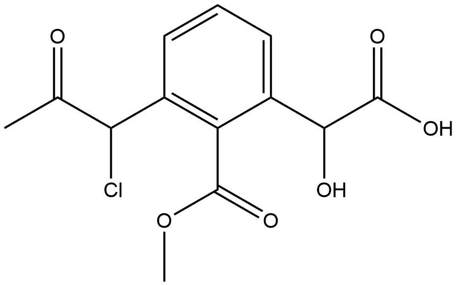 Methyl 2-(carboxy(hydroxy)methyl)-6-(1-chloro-2-oxopropyl)benzoate 化学構造式