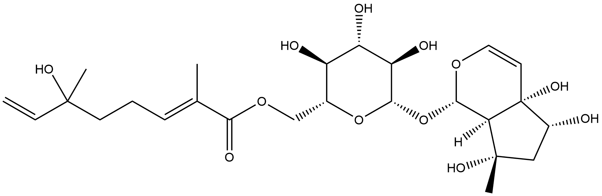 β-D-Glucopyranoside, (1S,4aS,5R,7S,7aR)-1,4a,5,6,7,7a-hexahydro-4a,5,7-trihydroxy-7-methylcyclopenta[c]pyran-1-yl, 6-[(2E)-6-hydroxy-2,6-dimethyl-2,7-octadienoate] 结构式