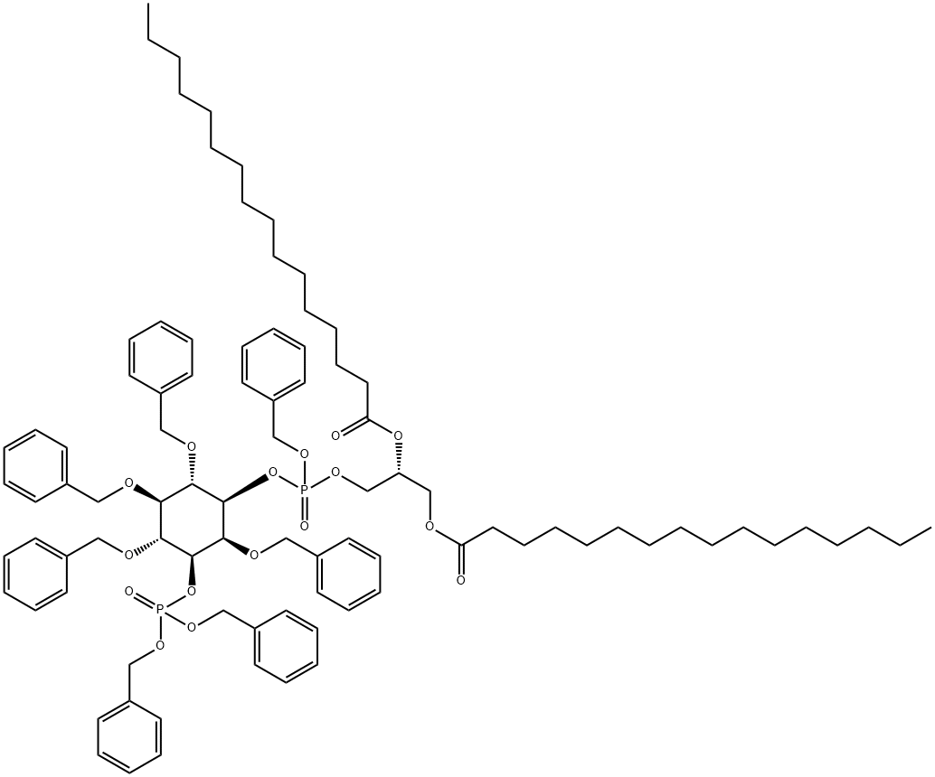 D-myo-Inositol, 2,4,5,6-tetrakis-O-(phenylmethyl)-, 1-2,3-bis(1-oxohexadecyl)oxypropyl phenylmethyl phosphate 3-bis(phenylmethyl) phosphate, (2R)- Structure