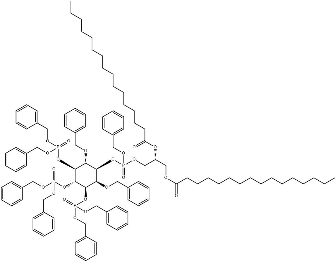 D-myo-Inositol, 2,6-bis-O-(phenylmethyl)-, 1-(2R)-2,3-bis(1-oxohexadecyl)oxypropyl phenylmethyl phosphate 3,4,5-trisbis(phenylmethyl) phosphate 化学構造式
