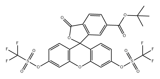 Spiro[isobenzofuran-1(3H),9'-[9H]xanthene]-6-carboxylic acid, 3-oxo-3',6'-bis[[(trifluoromethyl)sulfonyl]oxy]-, 1,1-dimethylethyl ester Struktur