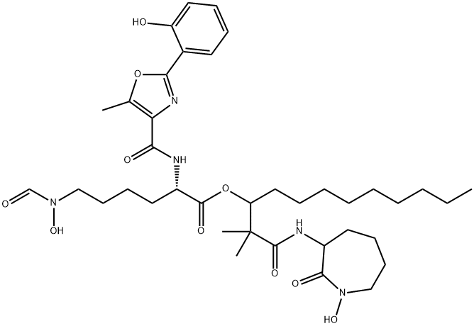 Lysine, N6-formyl-N6-hydroxy-N2-[[2-(2-hydroxyphenyl)-5-methyl-4-oxazolyl]carbonyl]-, 1-[2-[(hexahydro-1-hydroxy-2-oxo-1H-azepin-3-yl)amino]-1,1-dimethyl-2-oxoethyl]decyl ester Structure