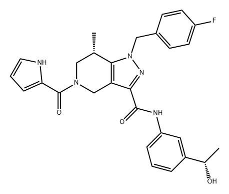 1H-Pyrazolo[4,3-c]pyridine-3-carboxamide, 1-[(4-fluorophenyl)methyl]-4,5,6,7-tetrahydro-N-[3-[(1S)-1-hydroxyethyl]phenyl]-7-methyl-5-(1H-pyrrol-2-ylcarbonyl)-, (7S)-,1816272-20-4,结构式