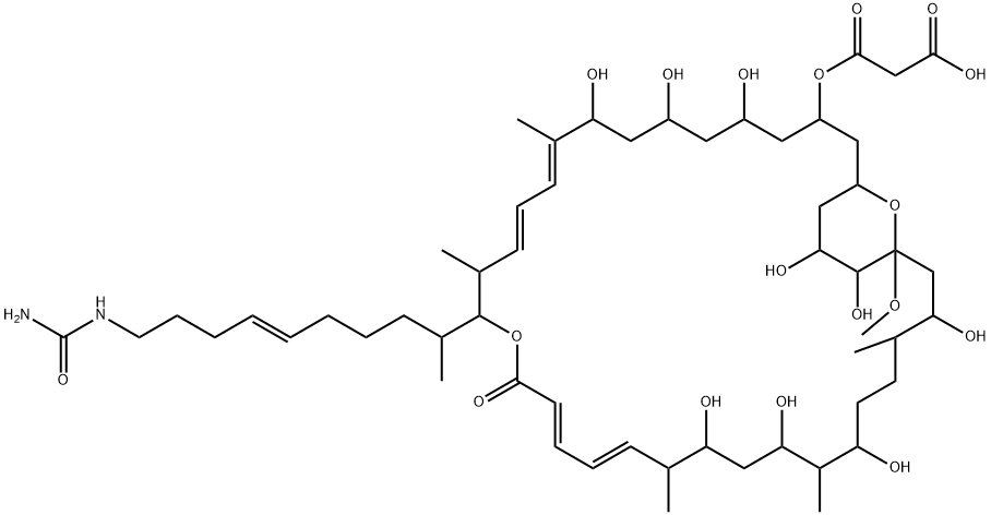Propanedioic acid, mono[(10E,12E,18E,20E)-15-[(5E)-9-[(aminocarbonyl)amino]-1-methyl-5-nonenyl]-5,7,9,23,25,27,31,34,35-nonahydroxy-33-methoxy-10,14,22,26,30-pentamethyl-17-oxo-16,37-dioxabicyclo[31.3.1]heptatriaconta-10,12,18,20-tetraen-3-yl] ester (9CI),181637-99-0,结构式