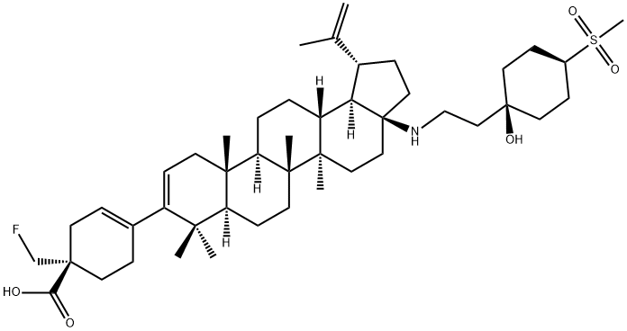 3-Cyclohexene-1-carboxylic acid, 1-(fluoromethyl)-4-[17-[[2-[cis-1-hydroxy-4-(methylsulfonyl)cyclohexyl]ethyl]amino]-28-norlupa-2,20(29)-dien-3-yl]-, (1S)- Struktur