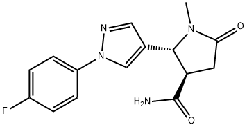 3-Pyrrolidinecarboxamide, 2-[1-(4-fluorophenyl)-1H-pyrazol-4-yl]-1-methyl-5-oxo-, (2R,3R)- Structure