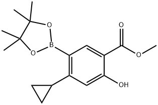 Benzoic acid, 4-cyclopropyl-2-hydroxy-5-(4,4,5,5-tetramethyl-1,3,2-dioxaborolan-2-yl)-, methyl ester 化学構造式