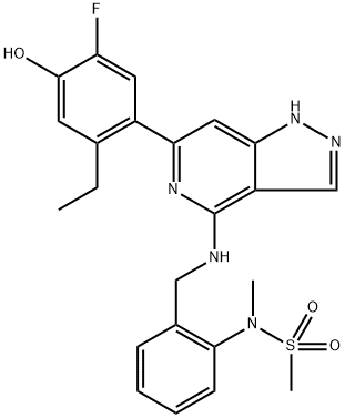 N-(2-(((6-(2-ethyl-5-fluoro-4-hydroxyphenyl)-1H-pyrazolo[4,3-c]pyridin-4-yl)amino)methyl)phenyl)-N-methylmethanesulfonamide Struktur