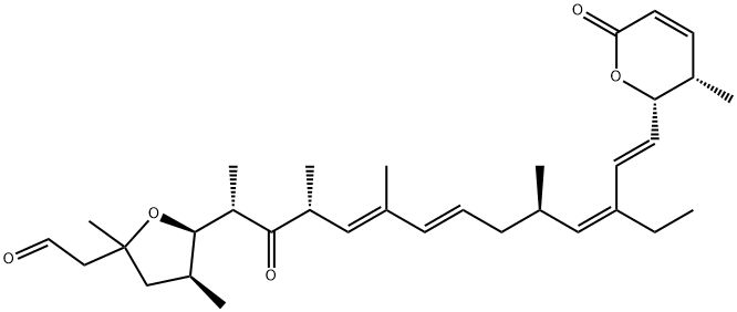 2-Furanacetaldehyde, 5-[(1S,3R,4E,6E,9R,10Z,12E)-13-[(2S,3S)-3,6-dihydro-3-methyl-6-oxo-2H-pyran-2-yl]-11-ethyl-1,3,5,9-tetramethyl-2-oxo-4,6,10,12-tridecatetraen-1-yl]tetrahydro-2,4-dimethyl-, (4S,5R)-,183017-83-6,结构式