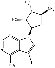 1,2-Cyclopentanediol, 3-amino-5-(4-amino-5-iodo-7H-pyrrolo[2,3-d]pyrimidin-7-yl)-, (1S,2R,3S,5R)-, 186141-75-3, 结构式