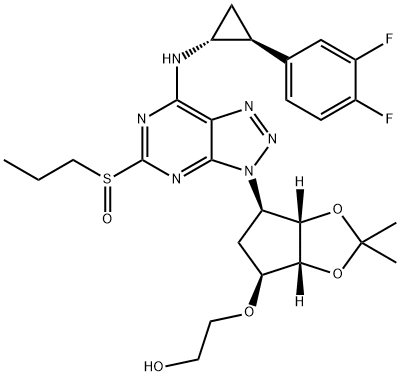 2-(((3AR,4S,6R,6AS)-6-(7-(((1R,2S)-2-(3,4-二氟苯基)环丙基)氨基)-5-(丙基亚磺酰基)-3H-[1,2,3]三唑并[4,5-D]嘧啶-3-基)-2,2-二甲基四氢-3AH-环戊二烯并[D] [1,3]二氧杂环戊烯-4-基)氧基)乙醇, 1863036-49-0, 结构式