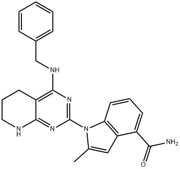 1-(4-(苄基氨基)-5,6,7,8-四氢吡啶[2,3-D]嘧啶-2-基)-2-甲基-1H-吲哚-4-甲酰胺,1863952-15-1,结构式