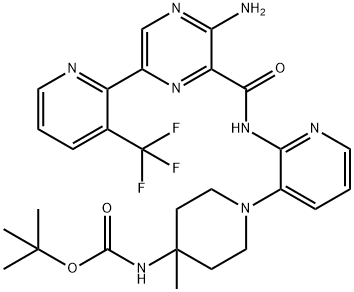 Carbamic acid, N-[1-[2-[[[3-amino-6-[3-(trifluoromethyl)-2-pyridinyl]-2-pyrazinyl]carbonyl]amino]-3-pyridinyl]-4-methyl-4-piperidinyl]-, 1,1-dimethylethyl ester Struktur
