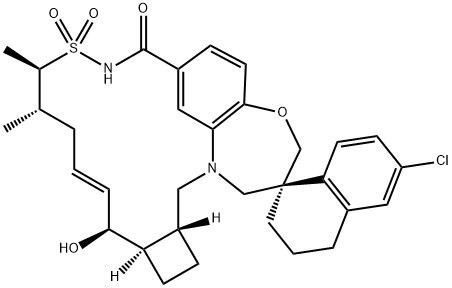 Spiro[5,7-etheno-1H,11H-cyclobut[i][1,4]oxazepino[3,4-f][1,2,7]thiadiazacyclohexadecine-2(3H),1'(2'H)-naphthalen]-8(9H)-one, 6'-chloro-3',4',12,13,16,16a,17,18,18a,19-decahydro-16-hydroxy-11,12-dimethyl-, 10,10-dioxide, (1'S,11R,12S,14E,16S,16aR,18aR)- 化学構造式