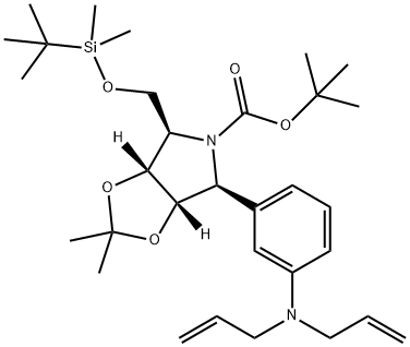 5H-1,3-Dioxolo4,5-cpyrrole-5-carboxylic acid, 4-(1,1-dimethylethyl)dimethylsilyloxymethyl-6-3-(di-2-propenylamino)phenyltetrahydro-2,2-dimethyl-, 1,1-dimethylethyl ester, (3aR,4R,6S,6aS)- 结构式