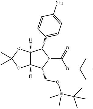 5H-1,3-Dioxolo4,5-cpyrrole-5-carboxylic acid, 4-(4-aminophenyl)-6-(1,1-dimethylethyl)dimethylsilyloxymethyltetrahydro-2,2-dimethyl-, 1,1-dimethylethyl ester, (3aS,4S,6R,6aR)- 化学構造式