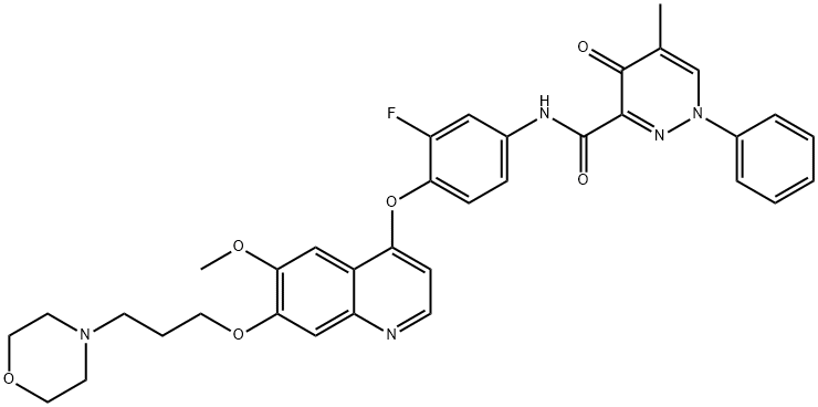 3-Pyridazinecarboxamide, N-[3-fluoro-4-[[6-methoxy-7-[3-(4-morpholinyl)propoxy]-4-quinolinyl]oxy]phenyl]-1,4-dihydro-5-methyl-4-oxo-1-phenyl- 化学構造式